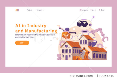 AI in industry and manufacturing illustrates a futuristic approach to automation. The design features robots interacting with buildings and machinery, showcasing innovation and efficiency in 129065850