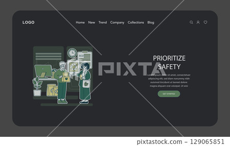 Vector illustration of a two-person meeting focused on eco-friendly practices. Individuals exchange ideas, surrounded by eco symbols, plants, and recycling bins in an office setting. 129065851