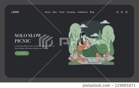 Vector illustration of a relaxed woman enjoying a solo picnic while reading outdoors. Surrounded by nature, with headphones on, indulging in calm solitude and leisure. 129065871