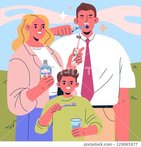 Family practicing oral hygiene together, each using different dental care products like toothbrushes and mouthwash. Vector illustration showing healthy habits and unity in dental care. Family practicing oral hygiene together, each using different dental care products like toothbrushes and mouthwash. Vector illustration showing healthy habits and unity in dental care. 129065877