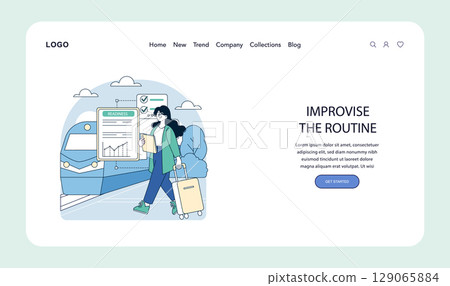 Vector illustration of a woman pulling luggage beside a train, holding a document with a readiness chart. Represents travel planning, readiness, and organization. Vector illustration of a woman pulling luggage beside a train, holding a document with a readiness chart. Represents travel planning, readiness, and organization. 129065884