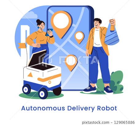 Future of delivery concept. People use an autonomous delivery robot for efficient package drop-off with a smartphone and navigation map. Urban innovation meets smart technology. Vector illustration. 129065886