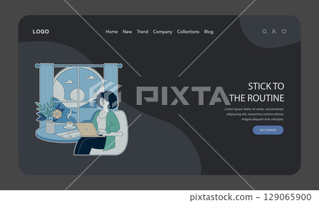 Vector illustration of a woman working on a laptop in a cozy home space, glancing outside through a window, conveying a sense of calm and concentration, with soothing surroundings. 129065900