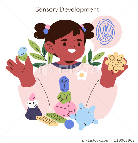 Vector illustration of a smiling child engaging in sensory development activities with colorful tactile toys. The child explores textures, holding various objects for play and learning. Vector illustration of a smiling child engaging in sensory development activities with colorful tactile toys. The child explores textures, holding various objects for play and learning. 129065902