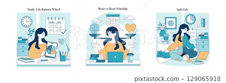 Vector illustration showing three scenarios of balancing study and life. One scene highlights a decision-making process, another portrays emotional balance, and the third illustrates multitasking. 129065918