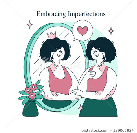 Psychology Of Self Acceptance concept. Woman with skin differences stands before a mirror with a crown, heart icon, and smile, expressing confidence and positive self-image. Vector illustration. 129065924