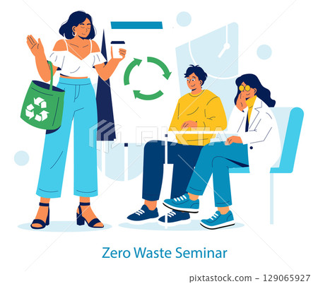 Vector illustration of a zero waste seminar where a speaker with a recycling bag engages the audience. Two attendees listen attentively, emphasizing sustainability education. 129065927