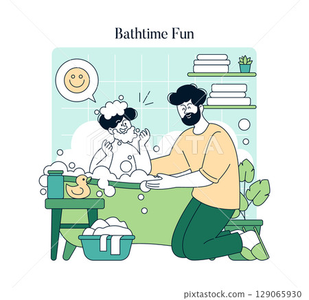 Dad and Kid Bathtime Fun vector illustration. Joyful father playing with his child during bath time, surrounded by soap bubbles and bath toys. Dad and Kid Bathtime Fun vector illustration. Joyful father playing with his child during bath time, surrounded by soap bubbles and bath toys. 129065930