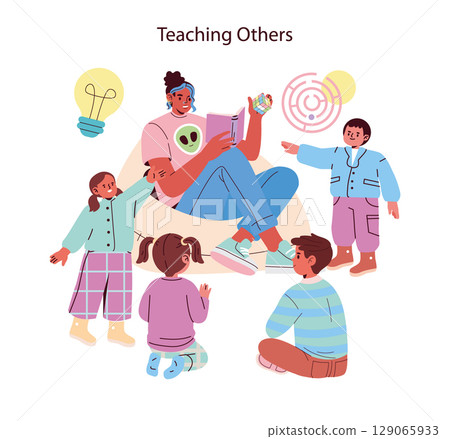 Teacher interacts with a group of children, using a book and cube for learning. Students show curiosity and engagement. Vector illustration emphasizes education and interaction. 129065933