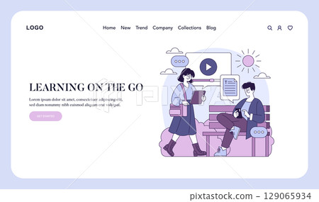 Vector illustration depicting two people in a digital learning setting using mobile devices and tablets. They interact with multimedia content, emphasizing convenience and connectivity. 129065934