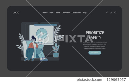Vector illustration of a woman seated with a laptop, engaging with online content. Emphasizing safety and security, digital interaction is a key theme, depicted in modern style. Vector illustration of a woman seated with a laptop, engaging with online content. Emphasizing safety and security, digital interaction is a key theme, depicted in modern style. 129065957