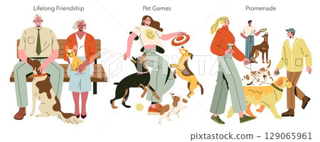 Vector illustration of three scenes: an elderly couple sitting on a bench with dogs, a young person playing with dogs, and a group walking dogs. Captures joyful human-animal interactions. 129065961