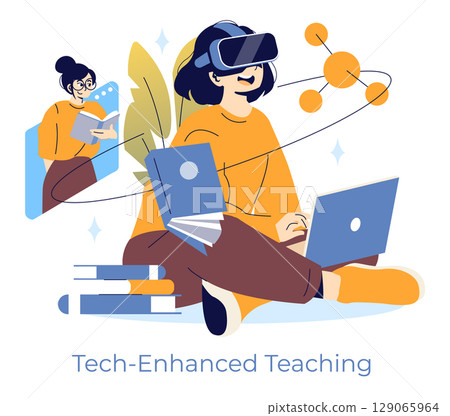 Vector illustration of a person using a VR headset for virtual learning. Surrounded by digital books and a laptop, the scene highlights innovative and engaging e-learning methods. 129065964