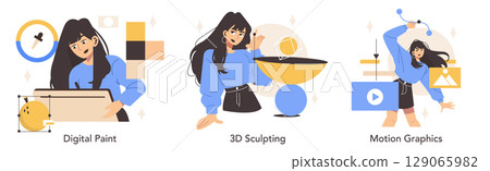 Vector illustration of a person engaged in three creative digital art processes: digital painting, 3D sculpting, and motion graphics. Each process is depicted in a unique visual style. Vector illustration of a person engaged in three creative digital art processes: digital painting, 3D sculpting, and motion graphics. Each process is depicted in a unique visual style. 129065982