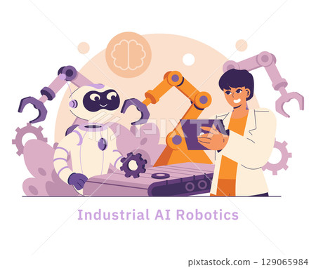 AI in industry shapes manufacturing efficiency and innovation. A technician collaborates with robots to optimize production processes, showcasing the future of smart technology integration. Vector 129065984
