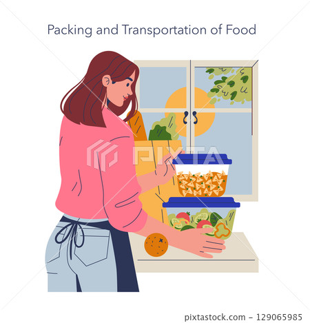 Vector illustration of a woman organizing and packing food into containers in a kitchen setting. She carefully places lids on the containers, readying them for transportation. Vector illustration of a woman organizing and packing food into containers in a kitchen setting. She carefully places lids on the containers, readying them for transportation. 129065985