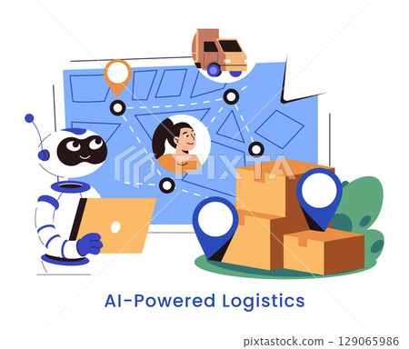 Future of Delivery concept. Robot controls smart logistics system using AI for fast package routing and real-time delivery tracking to improve efficiency and customer experience. Vector illustration. Future of Delivery concept. Robot controls smart logistics system using AI for fast package routing and real-time delivery tracking to improve efficiency and customer experience. Vector illustration. 129065986