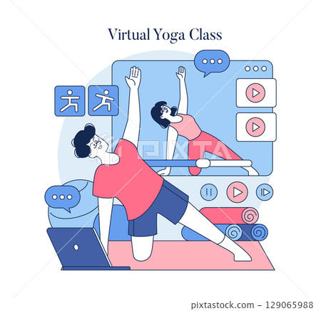 Vector illustration of a person practicing yoga with a laptop, engaging in a virtual class. Features on-screen guidance and yoga mat, promoting digital fitness experiences. 129065988