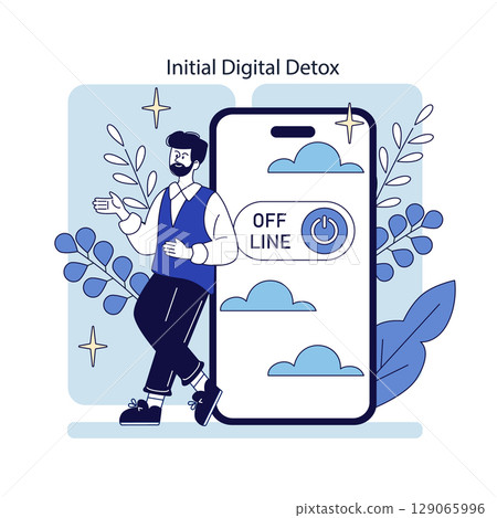 Digital well-being illustration focusing on the importance of disconnecting from technology. It depicts a man engaging in a detox process symbolized by a phone in offline mode. Encourages mental Digital well-being illustration focusing on the importance of disconnecting from technology. It depicts a man engaging in a detox process symbolized by a phone in offline mode. Encourages mental 129065996
