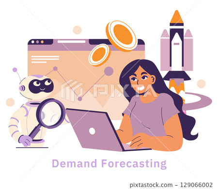 AI in logistics enhances demand forecasting by combining data analysis with automation. This illustration shows a user and a robot collaborating for precise insights and future planning. AI in logistics enhances demand forecasting by combining data analysis with automation. This illustration shows a user and a robot collaborating for precise insights and future planning. 129066002