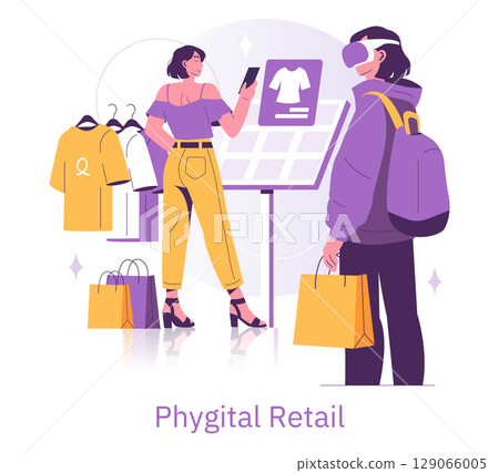 Vector illustration of a phygital retail experience where a person uses a smartphone for shopping while another uses virtual reality headset to view clothing options in a store setting. 129066005