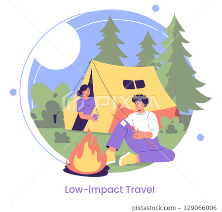 Vector illustration of two people enjoying an outdoor camping trip. A man sits by a campfire roasting marshmallows while a woman stands near a yellow tent, surrounded by trees. 129066006