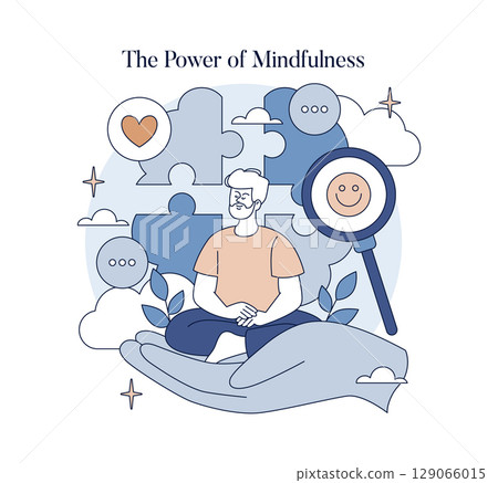 Vector illustration depicting a serene mindfulness practice with a person meditating surrounded by calming symbols like a heart, clouds, and a smiling face magnified for positivity. Vector illustration depicting a serene mindfulness practice with a person meditating surrounded by calming symbols like a heart, clouds, and a smiling face magnified for positivity. 129066015