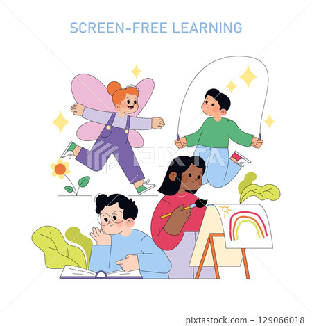 Colorful vector illustration depicting children engaged in screen-free activities. Includes reading, painting, skipping rope, and imaginative play. Emphasizes creativity and outdoor learning. 129066018