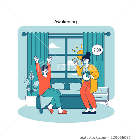 Morning routine concept. Cheerful family waking up together in a cozy room, sharing a joyful morning moment as the sun shines in. Morning routine concept. Cheerful family waking up together in a cozy room, sharing a joyful morning moment as the sun shines in. 129066025