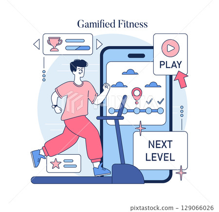 Vector illustration of a man running on a treadmill, engaging in a gamified fitness experience with mobile app elements like play buttons and progress indicators on a large screen. Vector illustration of a man running on a treadmill, engaging in a gamified fitness experience with mobile app elements like play buttons and progress indicators on a large screen. 129066026