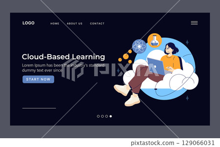 Vector illustration of a woman sitting on a cloud using a laptop for cloud-based learning. Symbols of science and technology surround her, emphasizing online education. 129066031