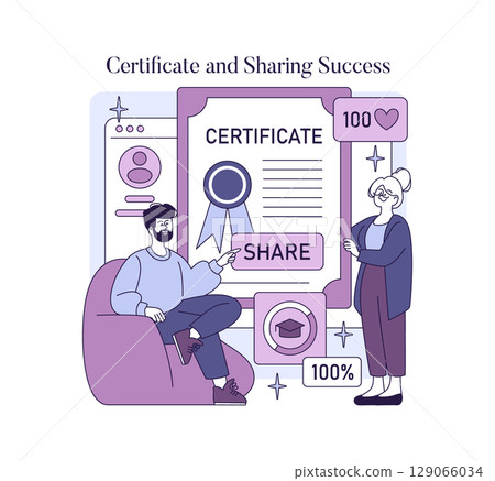 Vector illustration of two people celebrating success with a large certificate. Includes elements of interaction, social sharing, and achievement in an online context. Vector illustration of two people celebrating success with a large certificate. Includes elements of interaction, social sharing, and achievement in an online context. 129066034