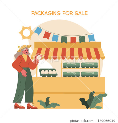 An egg farmer offers fresh eggs at a vibrant market stall. Surrounded by colorful flags and greenery, she smiles while holding an egg, showcasing local produce and farm freshness. 129066039