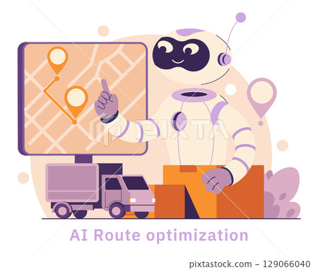 AI in logistic management improves efficiency through precise route optimization, enhancing transportation processes. The illustration features a robot analyzing a digital map for effective deliveries AI in logistic management improves efficiency through precise route optimization, enhancing transportation processes. The illustration features a robot analyzing a digital map for effective deliveries 129066040