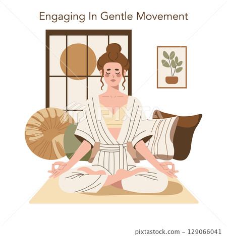 Vector illustration of a person meditating in a peaceful, minimalist setting. The individual practices gentle yoga with eyes closed, fostering relaxation and tranquility in a serene environment. Vector illustration of a person meditating in a peaceful, minimalist setting. The individual practices gentle yoga with eyes closed, fostering relaxation and tranquility in a serene environment. 129066041
