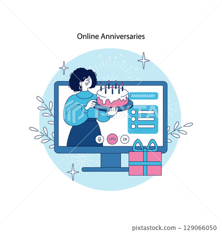 Vector illustration of a woman celebrating an online anniversary by presenting a cake through a computer screen. Includes decorative elements and a gift box to emphasize virtual celebrations. Vector illustration of a woman celebrating an online anniversary by presenting a cake through a computer screen. Includes decorative elements and a gift box to emphasize virtual celebrations. 129066050