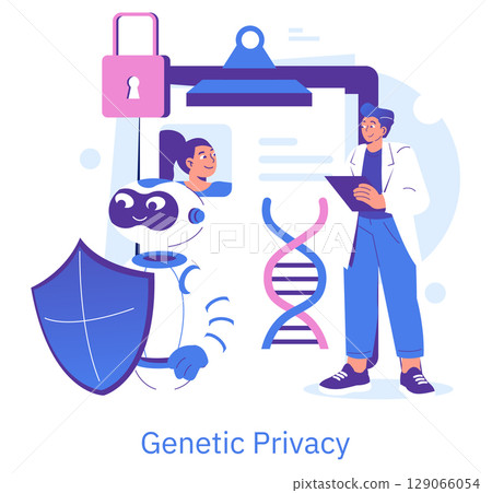 Vector illustration of a robot holding a shield symbolizing security, while a doctor reviews a clipboard in front of a DNA strand. Emphasizes genetic privacy and data protection. 129066054