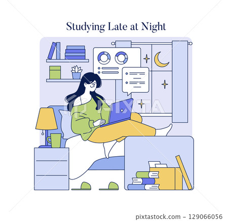 Vector illustration of a person studying late at night with a laptop in a cozy bedroom. Books and a warm atmosphere depict dedication and focus during nighttime study hours. 129066056