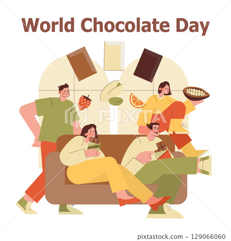 Vector illustration of friends enjoying World Chocolate Day with chocolate bars and happy expressions. Celebratory atmosphere highlights the joy of indulging in sweets together. 129066060