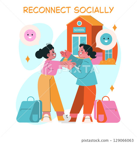 Vector illustration of two friends greeting each other happily in front of a school building. Features cheerful expressions, backpacks, and speech bubbles, highlighting social connection. 129066063