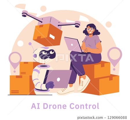 AI in industry drives innovation through automation and efficiency. The illustration presents a collaborative scene where a human operates an advanced drone, showcasing modern manufacturing practices 129066088