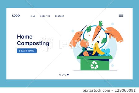 Vector illustration of hands adding food waste, like carrots and bananas, to a green compost bin. Promotes sustainable practices and home composting for recycling organic materials. 129066091