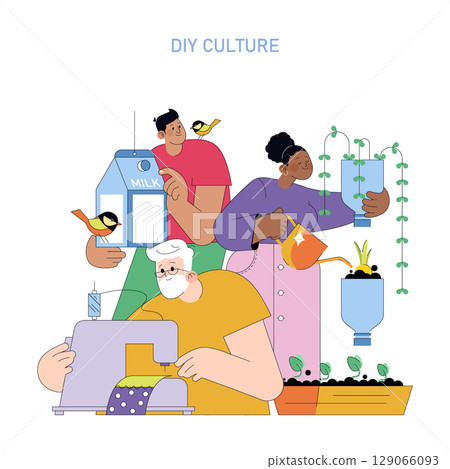 Illustration shows people engaging in DIY activities, including gardening, sewing, and crafting with repurposed materials, highlighting creativity and sustainable living. Vector illustration. 129066093