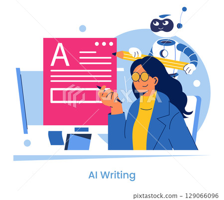 Vector illustration of a woman writing with AI assistance. Robot holds a giant pencil near an oversized document on the screen. The woman appears focused and thoughtful. Vector illustration of a woman writing with AI assistance. Robot holds a giant pencil near an oversized document on the screen. The woman appears focused and thoughtful. 129066096