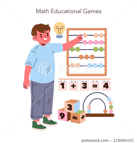 Vector illustration of a child engaging with an abacus and math blocks to learn basic arithmetic in a fun and interactive way, enhancing math skills and problem-solving abilities. 129066101