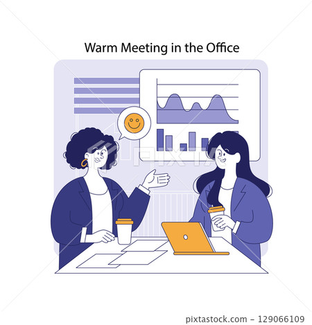 Hybrid work scenarios enhance collaboration and interaction among team members. This illustration captures a warm meeting atmosphere, showcasing engagement and productivity in a professional setting. 129066109