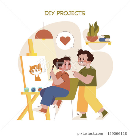 Smiling children engaged in a DIY art project, painting a cat on canvas. Vector illustration showcasing creativity, cooperation, and friendship in an artistic setting. 129066118