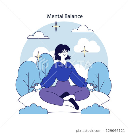 Digital well-being and mental health focus on achieving mental balance through mindfulness and tranquility. The illustration portrays a serene figure meditating in nature, illustrating inner peace. 129066121