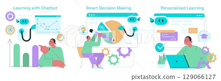 Vector illustration depicting a person engaging with a chatbot for learning. The scene includes charts, digital interfaces, and personalization, highlighting smart decision-making and education. 129066127