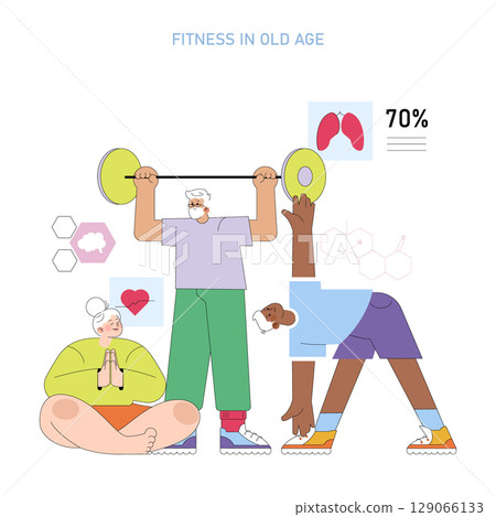 Senior individuals engage in various fitness activities, including weightlifting, yoga, and stretching. Their facial expressions show determination and mindfulness. Vector illustration showcases Senior individuals engage in various fitness activities, including weightlifting, yoga, and stretching. Their facial expressions show determination and mindfulness. Vector illustration showcases 129066133